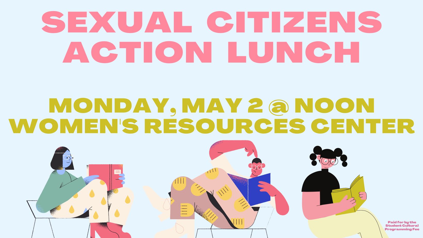 Sexual Citizens Action Lunch promo featuring three illustrations of figures sitting and reading books